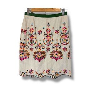 Anthropologie Linen Blend Embroidered Majestic Medallion Pencil Skirt